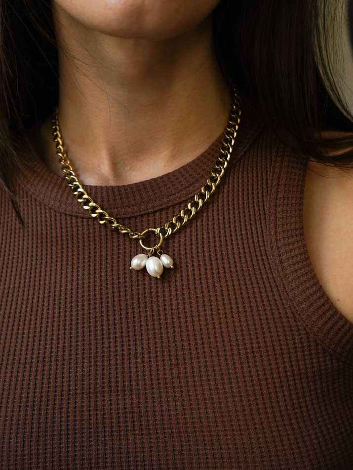 💍 Collier Gourmette Acier & Perles - 42cm