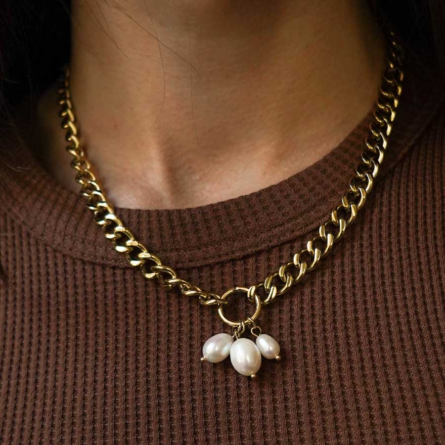 💍 Collier Gourmette Acier & Perles - 42cm